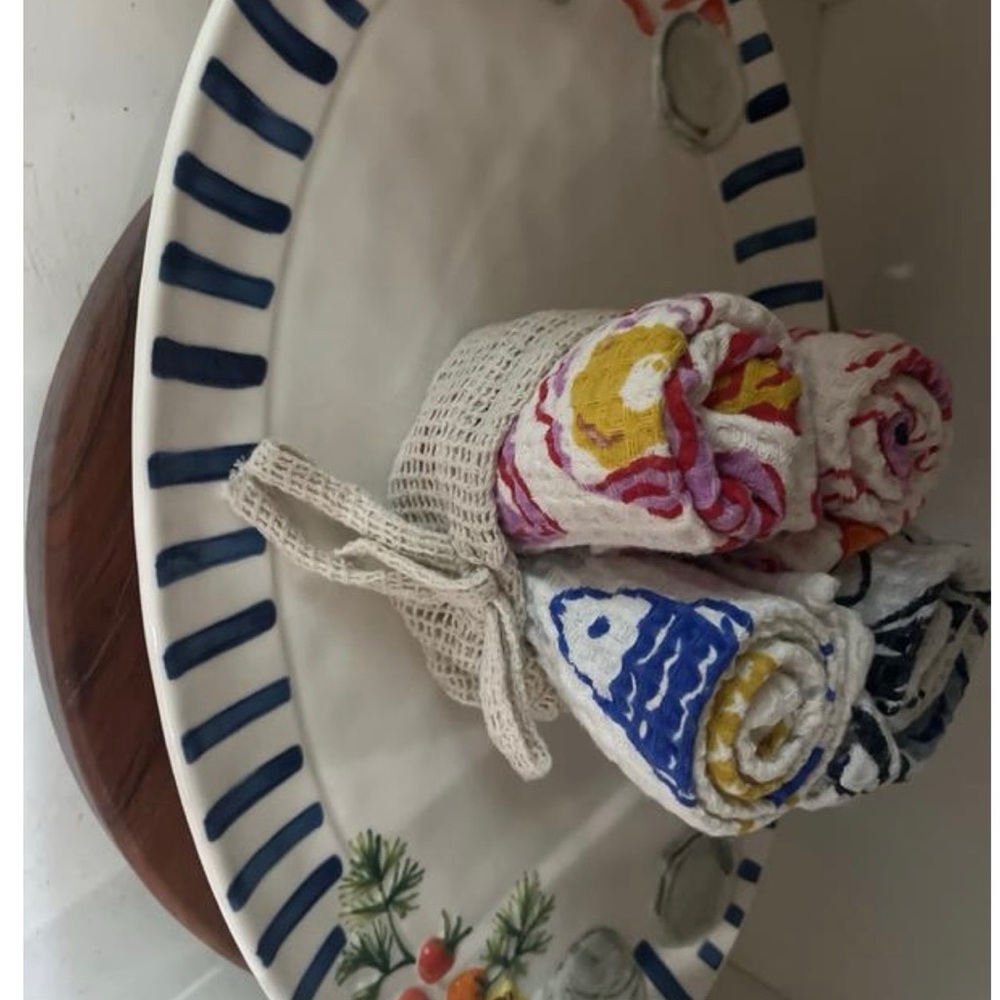 Anthropologie Blue and White Striped Platter with Colorful Napkins